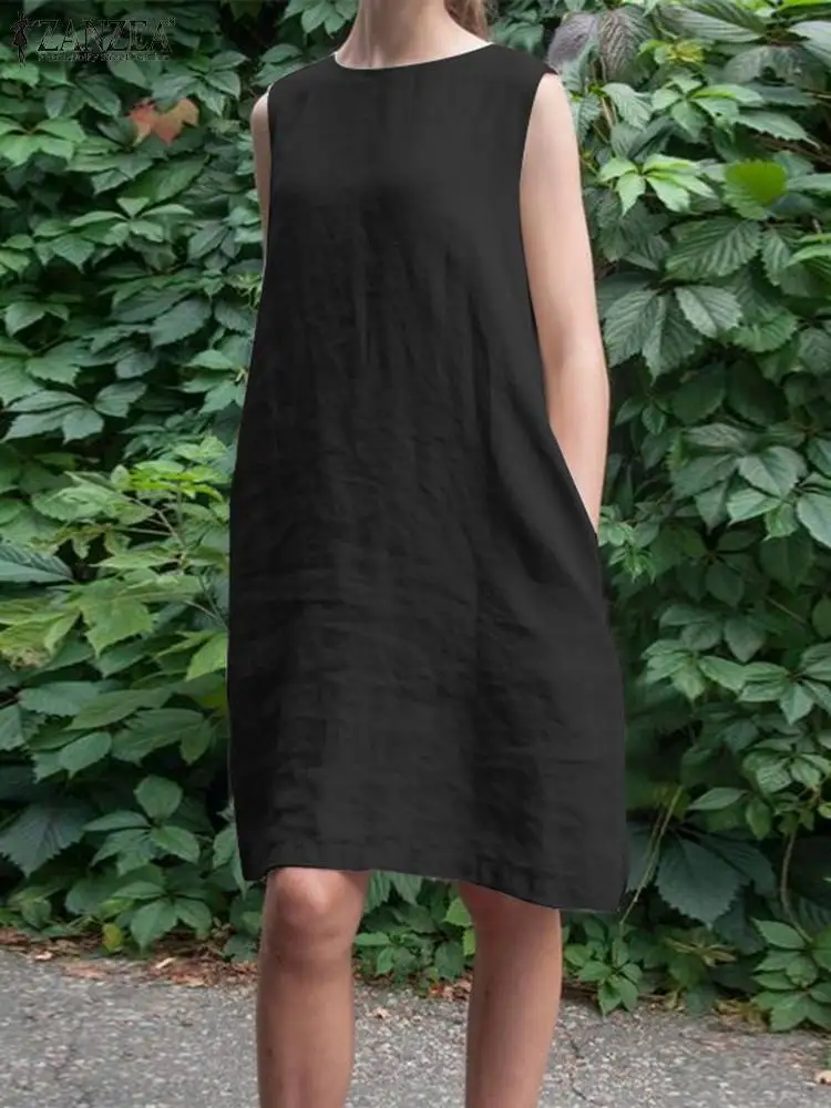 

ZANZEA 2023 Summer Sundress Sleeveless Women Solid Color Loose Pockets Knee-length Robe Femme Casual O Neck Oversize Tank Dress