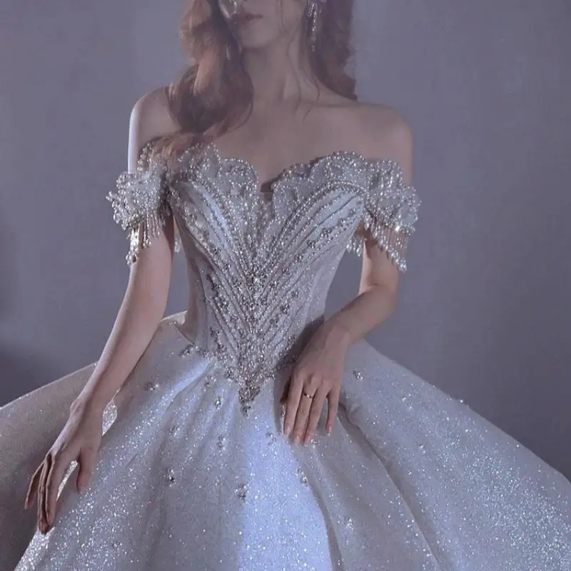 French One Shoulder Starry Sky Wedding Dress Sleeveless Beaded Dress for Female Brides Luxurious Palace Style Customized