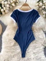 Foamlina Short Sleeve Knitted Skinny Bodysuit Women Summer Fashion Color Block Letters Embroidery O-neck Slim Body Top Jumpsuit - Image 2