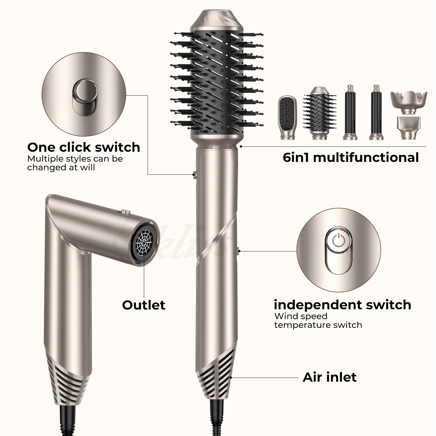 Description Picture 2 of item6 in 1 Hair Dryer Brush Negative Ions Hair Blower Brush Salon Blow Dryer Air Curler Wand Ceramic Curling Iron Styler Folding