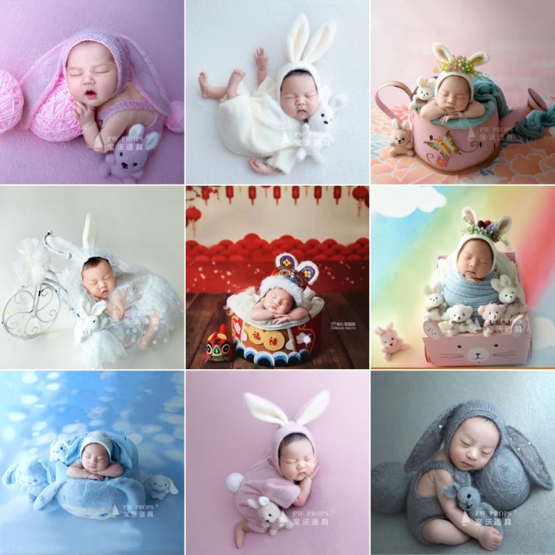 Dvotinst Newborn Photography Props Baby 2023 Cute Rabbit Bunny Theme Backdrop Outfit Hat Set Studio Shooting Photo Props