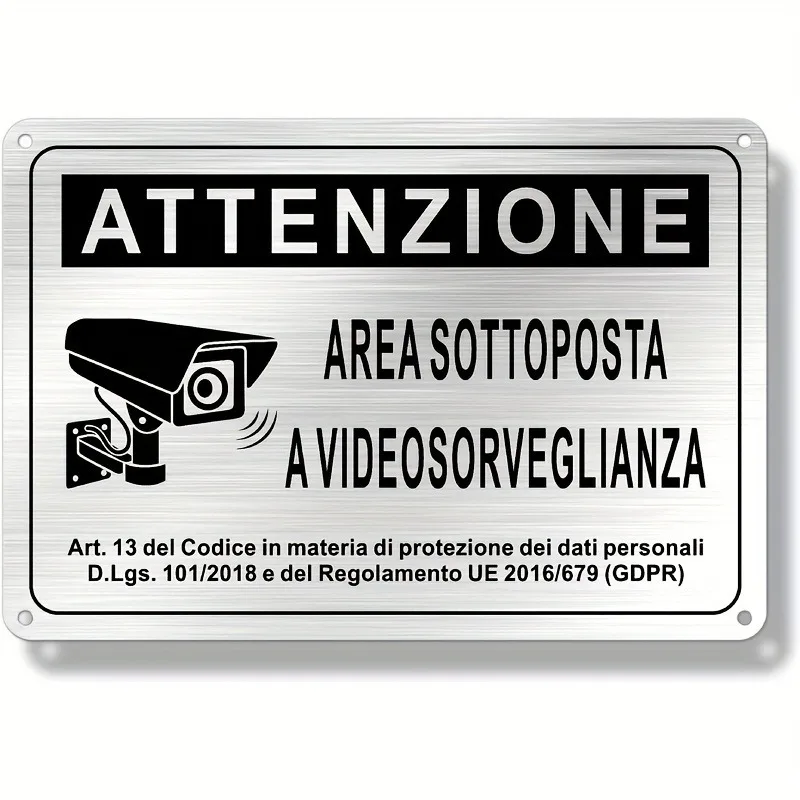 Italian Security Sign 20X30cm – Aluminum Video Surveillance Area Banner, Black & White Alert with Police Camera Ill - 2