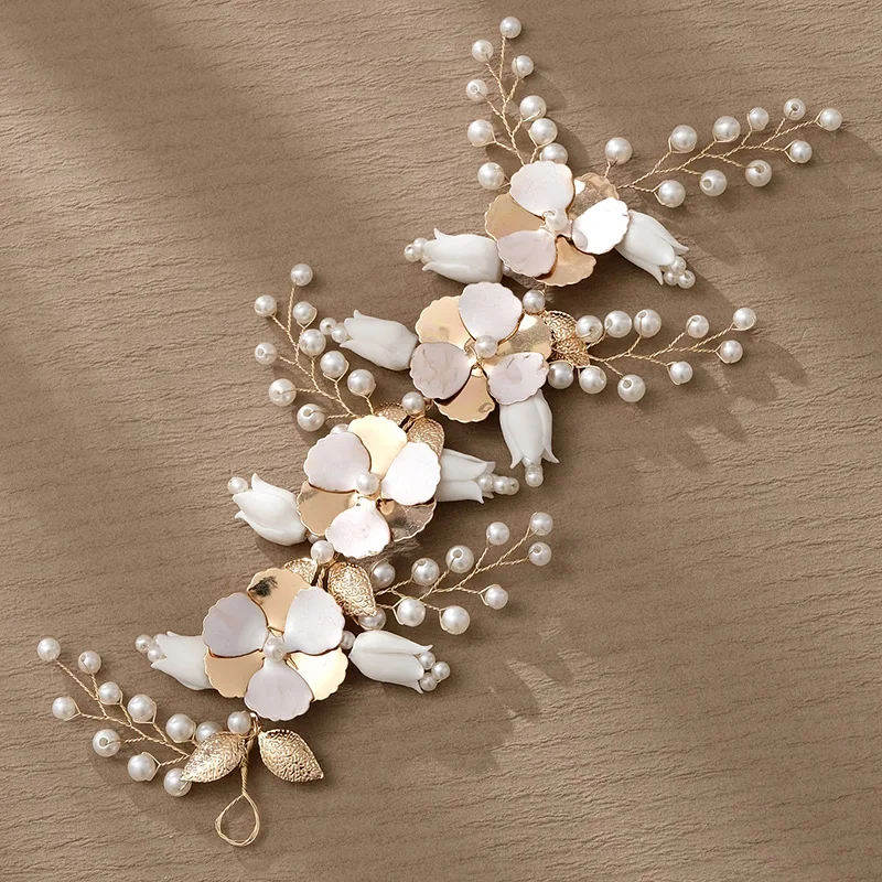 Handmade Pearl Ceramic Flower Headbands for Women Hair Accessories Bridal Wedding Hair Jewelry Party Bride Headpiece Gift