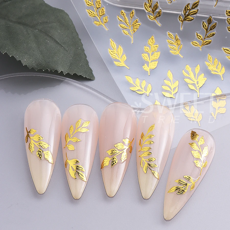 2pcs Metal Simple Leaf Nail Stickers 3D Metallic Gold Leaf Mirror Design Holographic Charm Nail Decals DIY Manicure Decoration