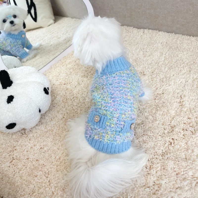 애완동물용 컬러풀한 스웨터, 두꺼운 나비 털실, 니트 가디건 스웨터, 개 고양이, 소형견용 테디 코트, 가을 및 겨울