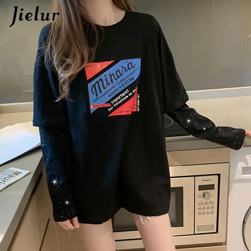

Базовая футболка с мультяшным принтом M-XXL, модная женская футболка из 2 частей в стиле пэчворк, 6 цветов, топы, футболки с круглым вырезом для женщин