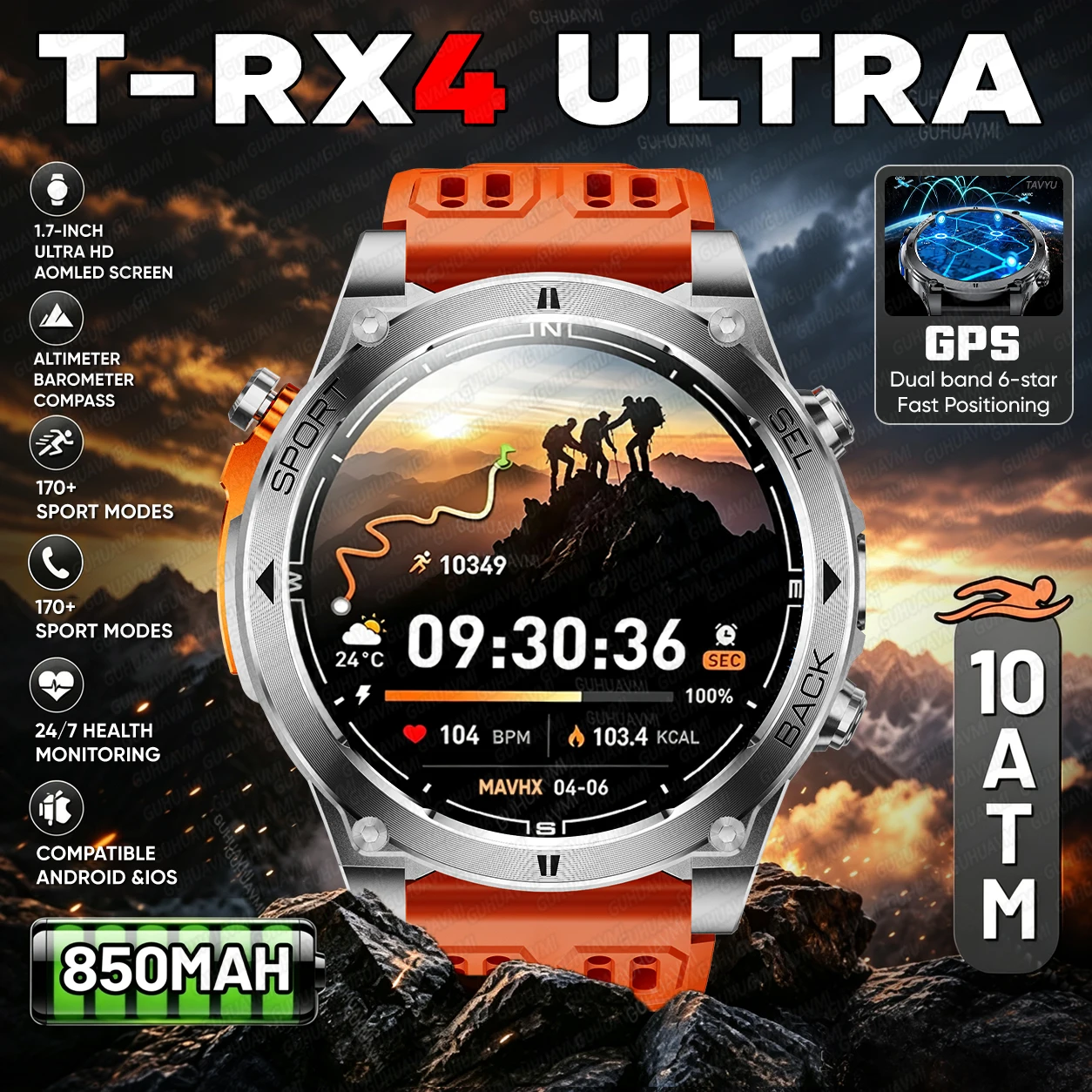 Nouvelle montre intelligente de sport en plein air T-RX4 Ultra avec GPS intégré, boussole, altimètre, baromètre, étanche 10ATM, montre intelligente militaire pour hommes 1 Nouvelle montre intelligente de sport en plein air T-RX4 Ultra avec GPS intégré, boussole, altimètre, baromètre, étanche 10ATM, montre intelligente militaire pour hommes 1