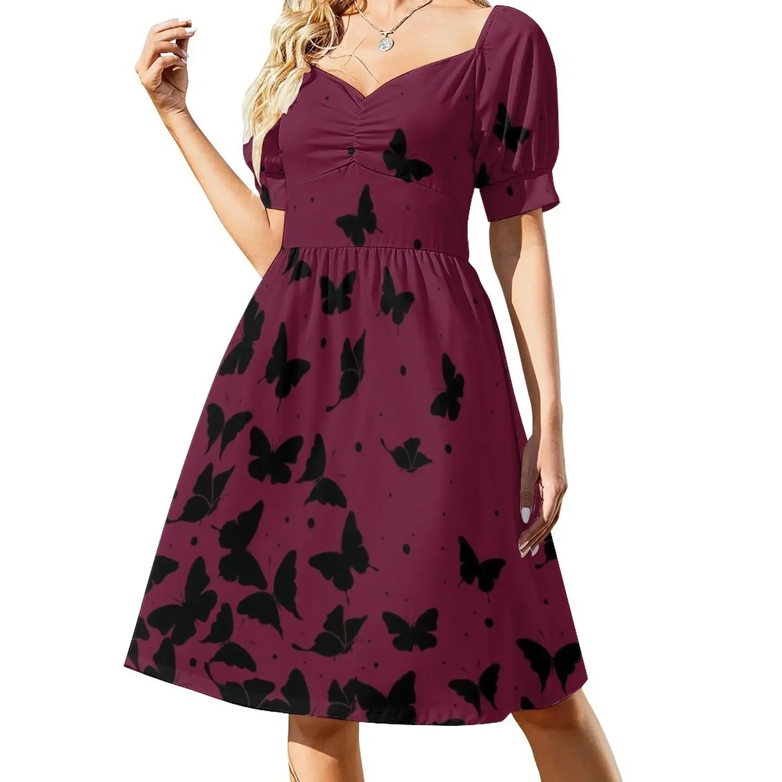 thumbnail image 1 of Vestido de manga corta con estampado de mariposas para mujer, ideal como atuendo de festival., 1 of 8