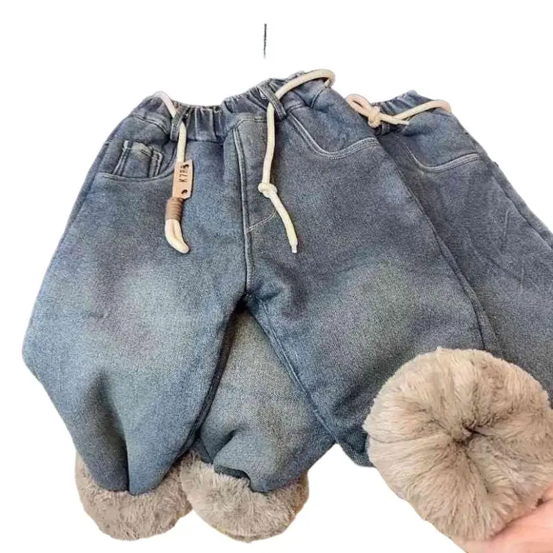 인조 토끼털 플리스 안감 두꺼운 면 청바지, 매우 두껍고 부드러운 패셔너블한 겨울용 따뜻한 바지, 3-14세 어린이용