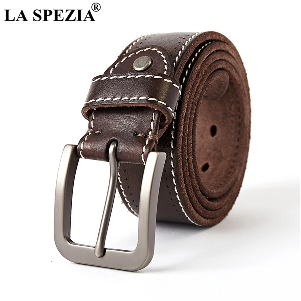 LA SPEZIA Coffee Genuine Leather Belt Male Solid Real Buckle Leather Belts for Men High Quality Trouser Belt 115cm