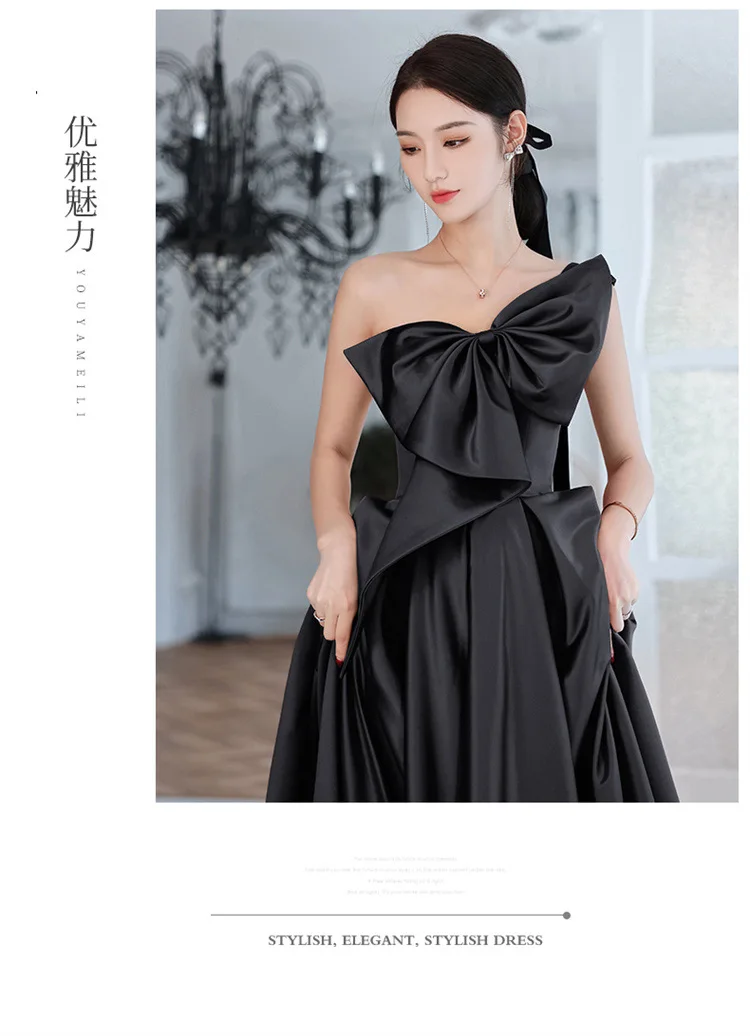 Black Evening Dress Elegant Temperament Prom Vestidos Bow