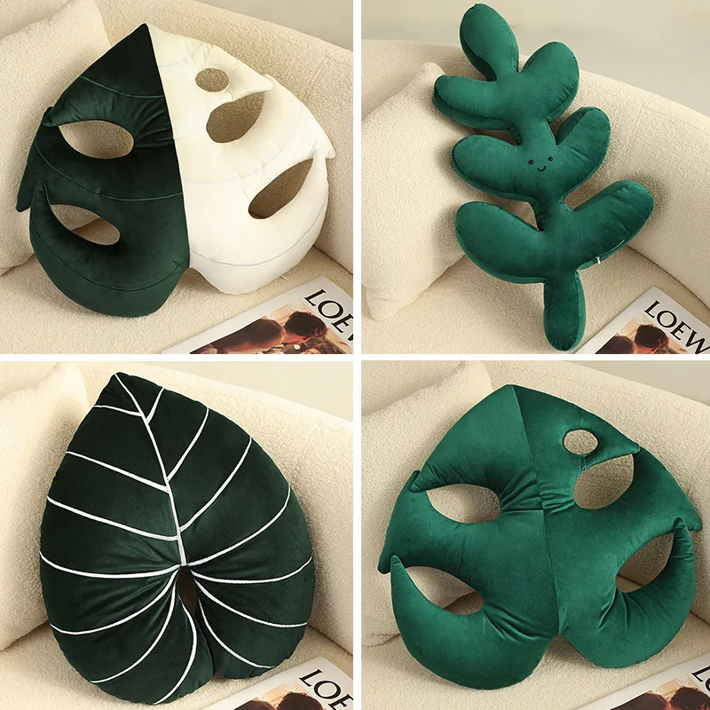 INS Nordic Style Green Leaves Plush Pillow Toy Cute Smile Face Plantain Leaf Shape Throw PillowCushion Soft Kids Toys Home Decor a set 6pcs pebble stone rock shape pillow case cushion covers without stuffing