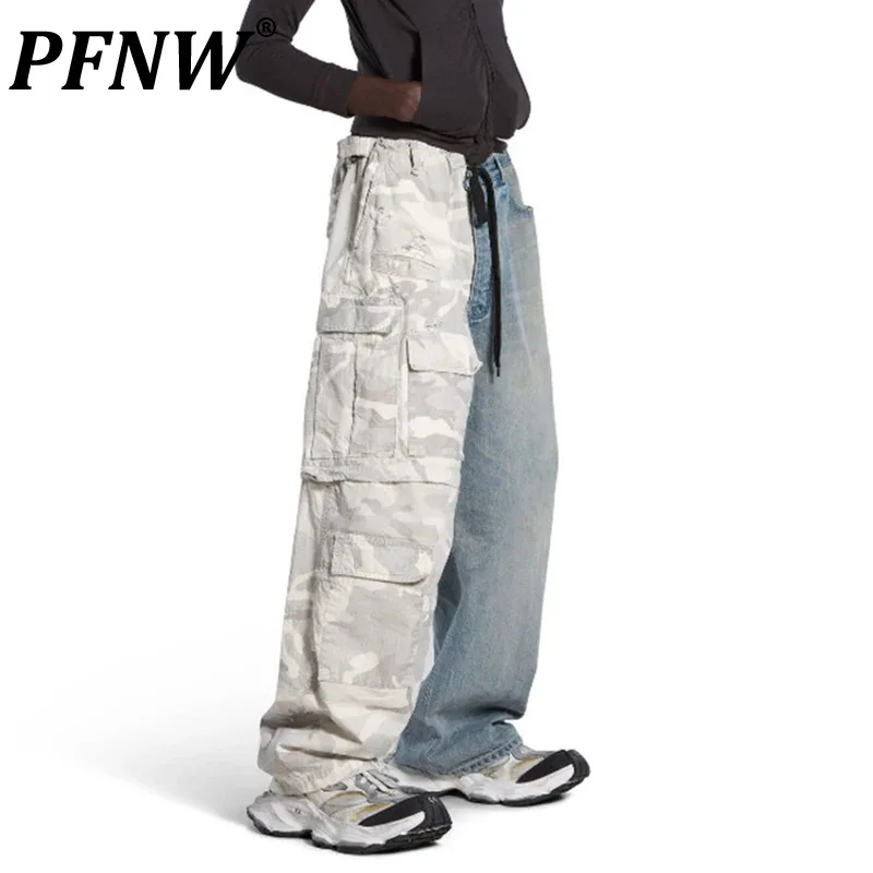 

PFNW Male Spliced Irregular Denim Pants American High Street Camouflage Multi Pocket Straight Jeans Autumn 2024 Chic 28W4014