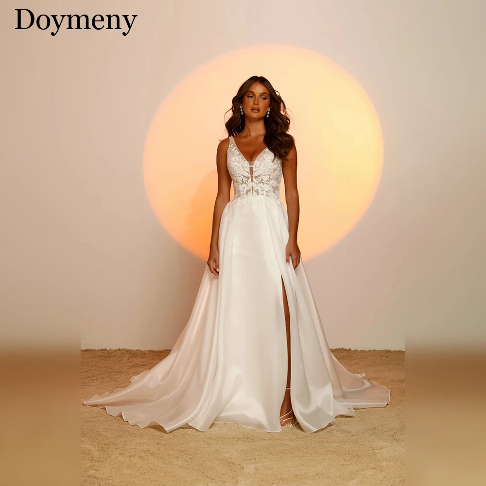 

Doymeny 2023 Wedding Dress For Women Front Slit V-Neck A-line Court Train Open Back Appliques Satin Custom Made Robe De Mariee