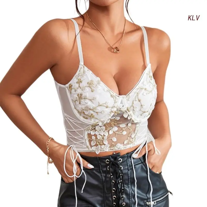 Lace Corset Tops for Women Aesthetic Lace Patchwork Cami Blouse Sleeveless  V Neck Spaghetti Strap Crop Top Bustier