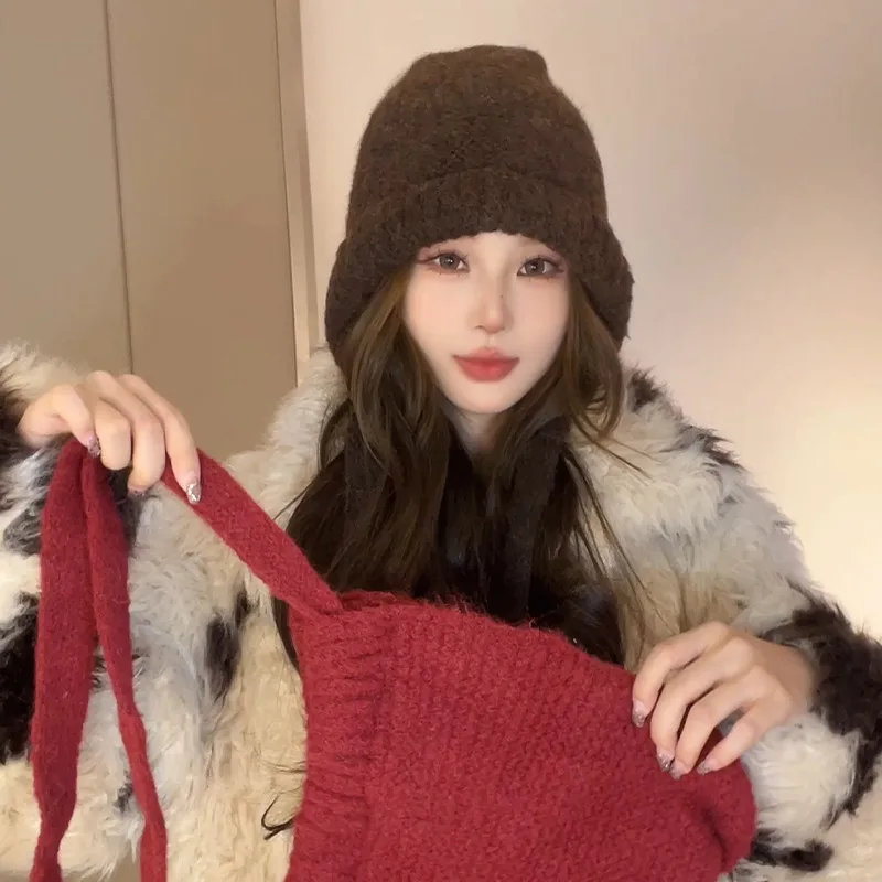 Fashion Y2K Cute Beanie Autumn Winter Women Warm Japanese Knit Hat Pile Caps Men Ear Protection Tie Pullover Hat Gorro Bonnet 3
