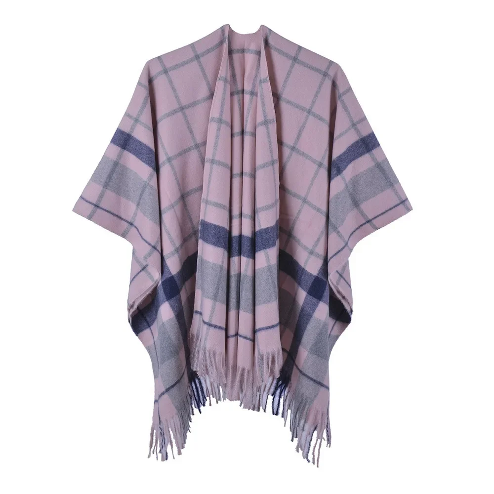 

Autumn Winter Checked Scarf Shawl Tassels Imitation Cashmere Wear Both Sides Shawl Women Poncho Lady Capes Pink Cloaks