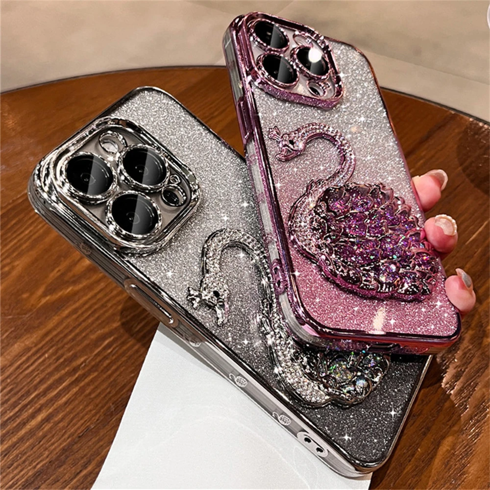 Elegant Bling Glitter Swan Diamond Clear Phone Case - Soft Silicone Shockproof Cover