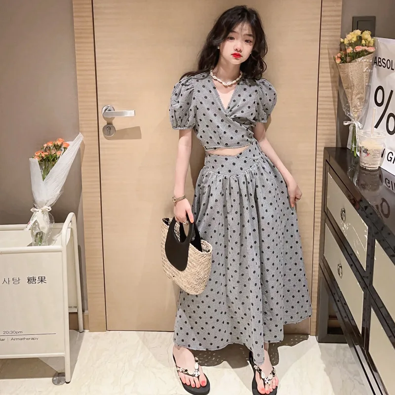 

New Teenage Girls Clothes Suit Summer Fashion Casual Puff Sleeves T Shirt+High-waisted Skirt 2pcs Kids Clothing Set 6 8 13 Yrs