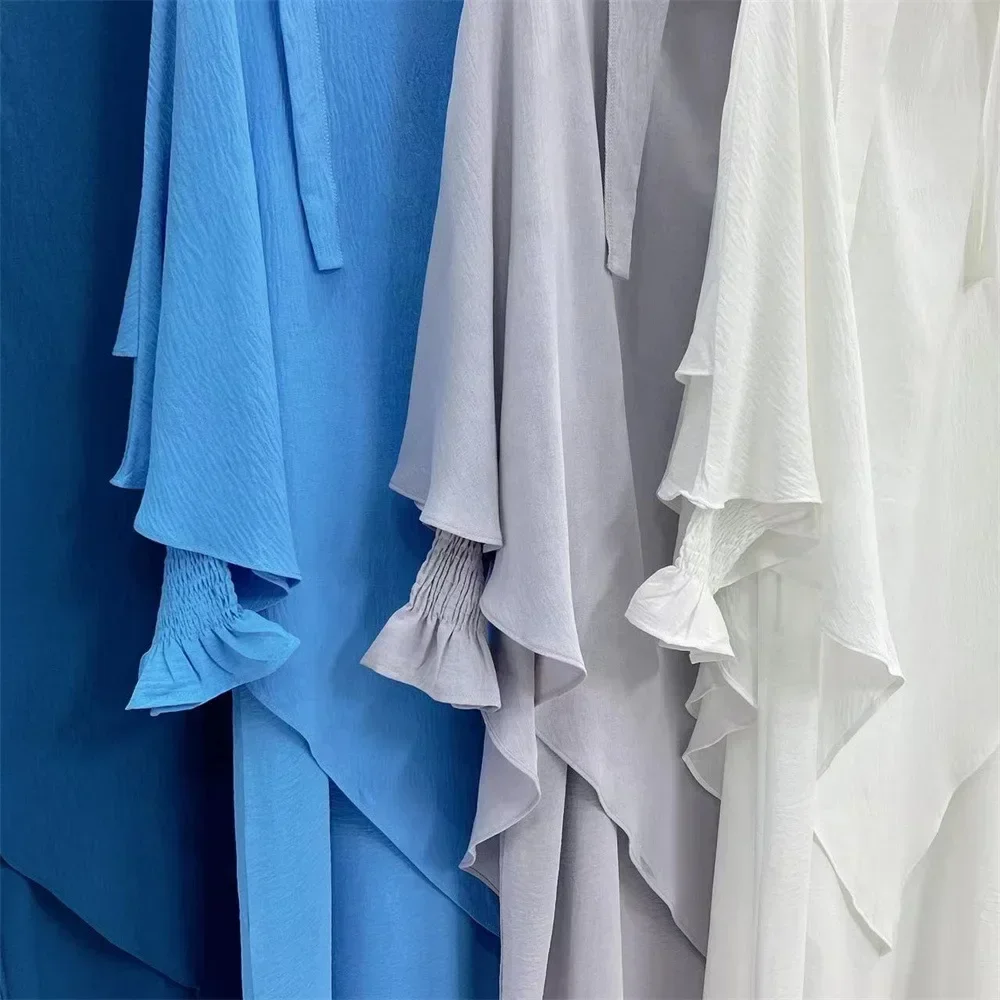 Khimar Abaya Set Crinkled Fabric Smocked Cuff Dress+Two Layer Hijab Scarf Prayer Clothes Islam Jilbabs for Women Ramadan Muslim - Image 4