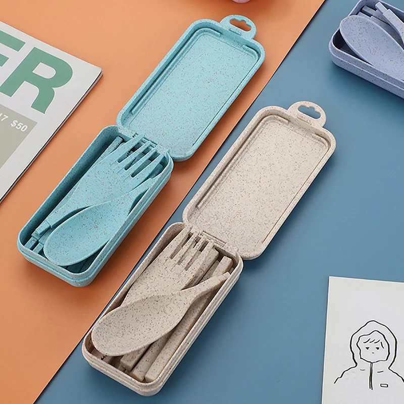 Portable Foldable Wheat Straw Fork Cutlery Set Chopsticks With Box Travel Kitchen Accessories