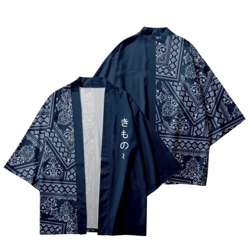 

Japanese Style Traditional Kimono Men Women Yukata Cardigan Blue Cashew Flower Print Shirt Cosplay Haori Samurai Asia Clothing