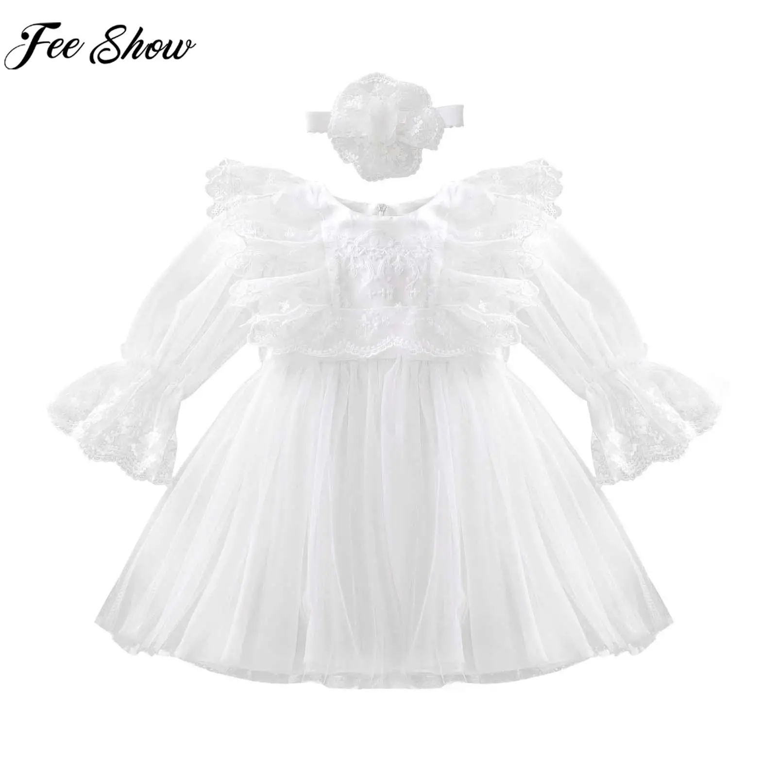 

Little Girls Lace Floral Tutu Elegant Long Sleeve Princess Party Dress with Headband for Wedding Bridesmaid Baptism Birthday