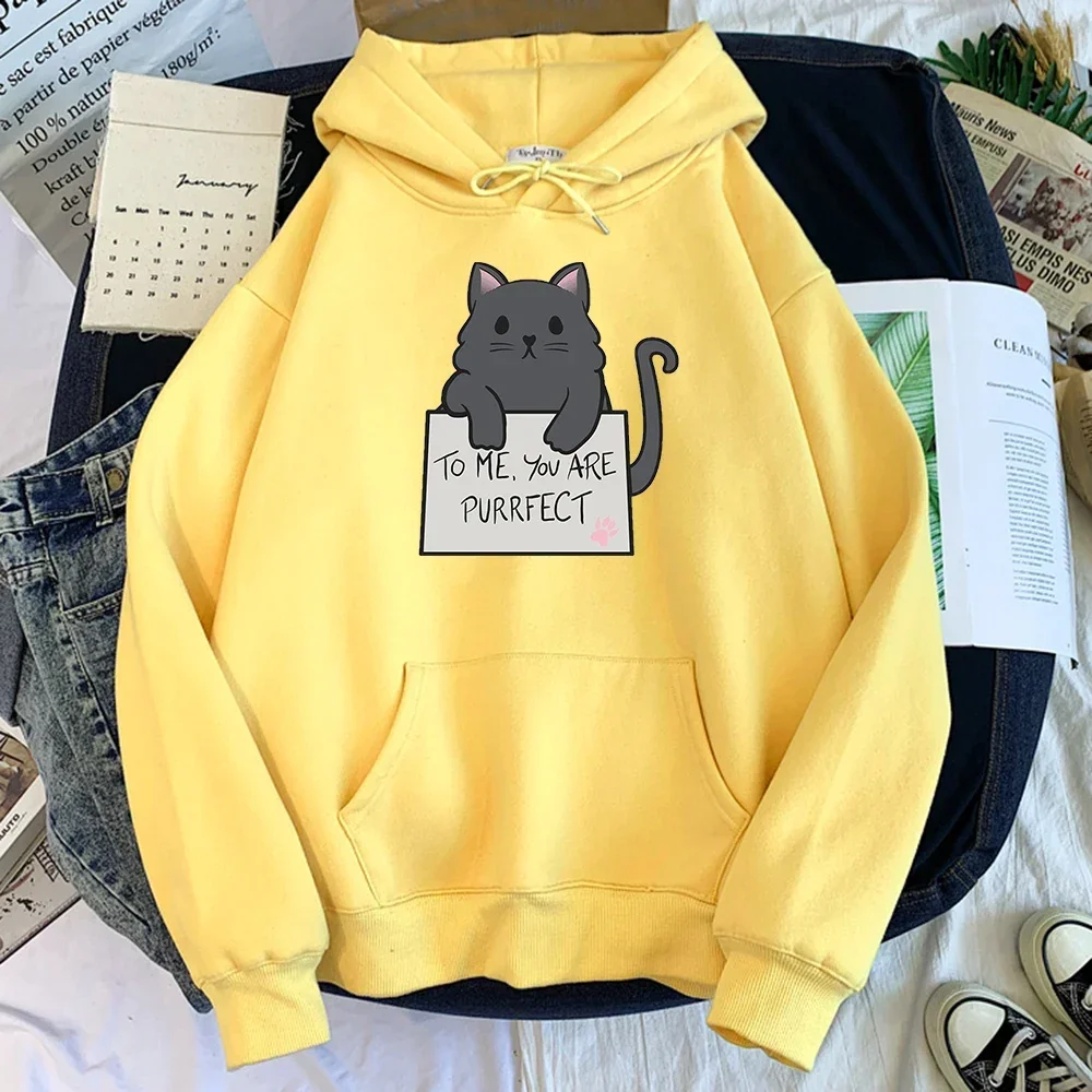 

Women Oversize O-neck Sweatshirt Cosy Loose Female Cute Tracksui Cat To Me You Are Purrfect Pattern Letter Printed Hoodie