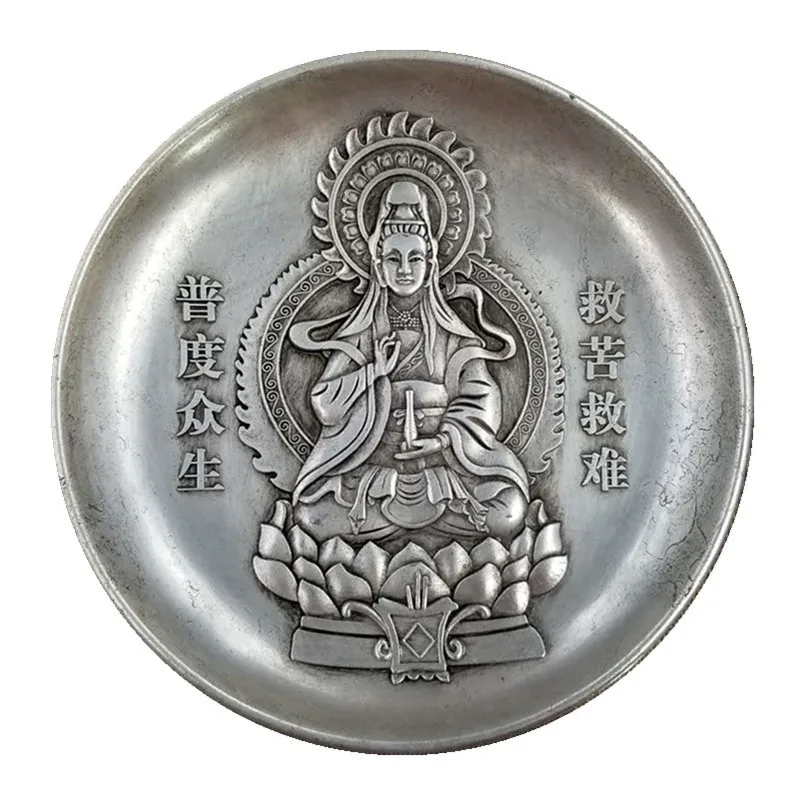 

Китайская старинная тибетская Серебряная благоприятная тарелка Kwan-Yin GuanYin Buddha atue