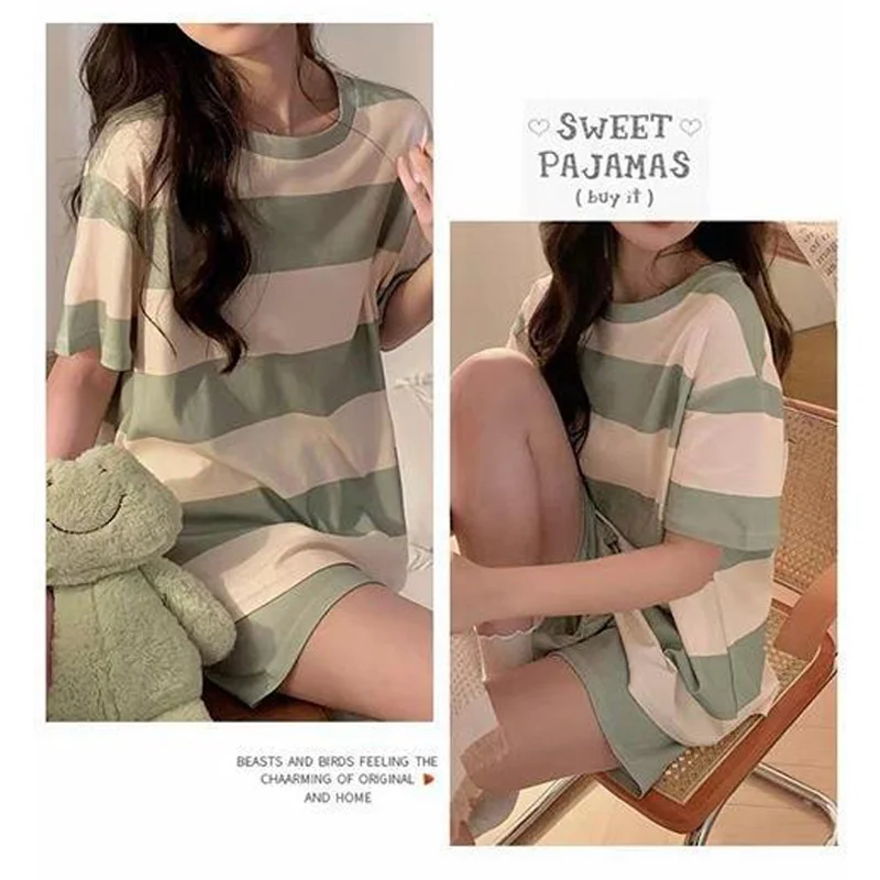 숙녀 잠옷 여름 반팔 반바지 작은 신선한 귀여운 느슨한 편안한 Homewear 세트의 얇은 섹션의 투피스 세트 세트