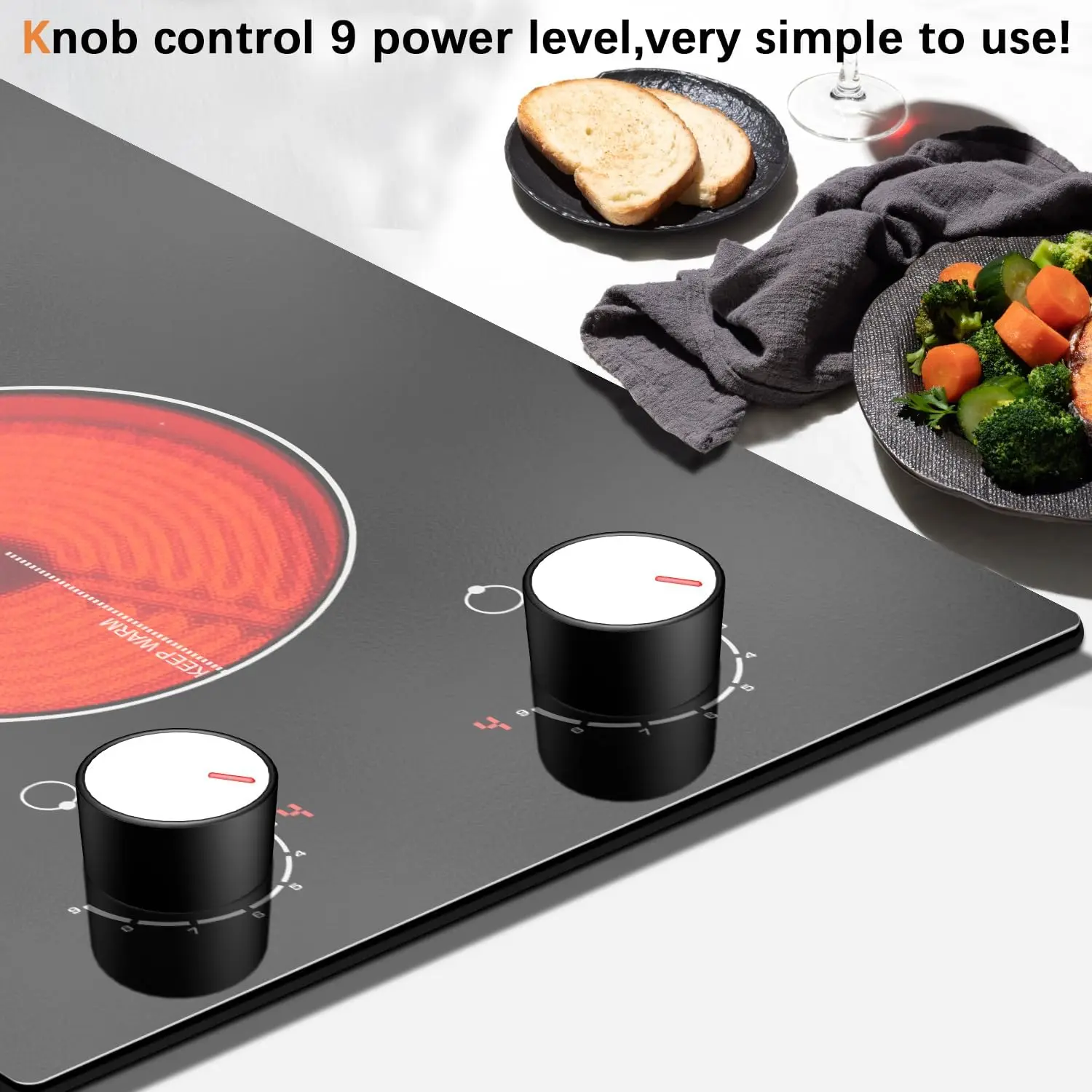 Karinear 110V Electric Cooktop 2 Burners Electric Stove 12 Inch Knob Control Countertop & Built-in Ceramic Cooktop (White Knob)