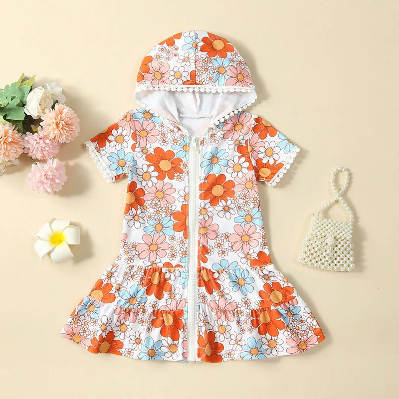 

Toddler Kids Girls Swimwear Cover Up Dress Short Sleeve Zip Up Ruffles Solid Color Hooded Beach Dress for Children 2-11Years