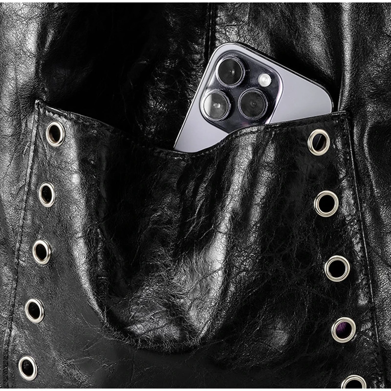 Hobo-Umhängetasche mit hohlen Nieten, Ölwachs-Retro-Metallnagel-Eimer-Handtasche, große Kapazität, Punk-Industriestil, Damen-Achsel-Einkaufstasche – Detail 28