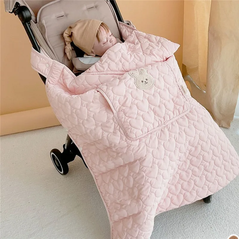 Winter Baby Stroller Blanket Thick Fleece Windproof Strollers Cover Cartoon Bear Bunny Infant Nap Warm Quilt Hooded Swaddle Wrap