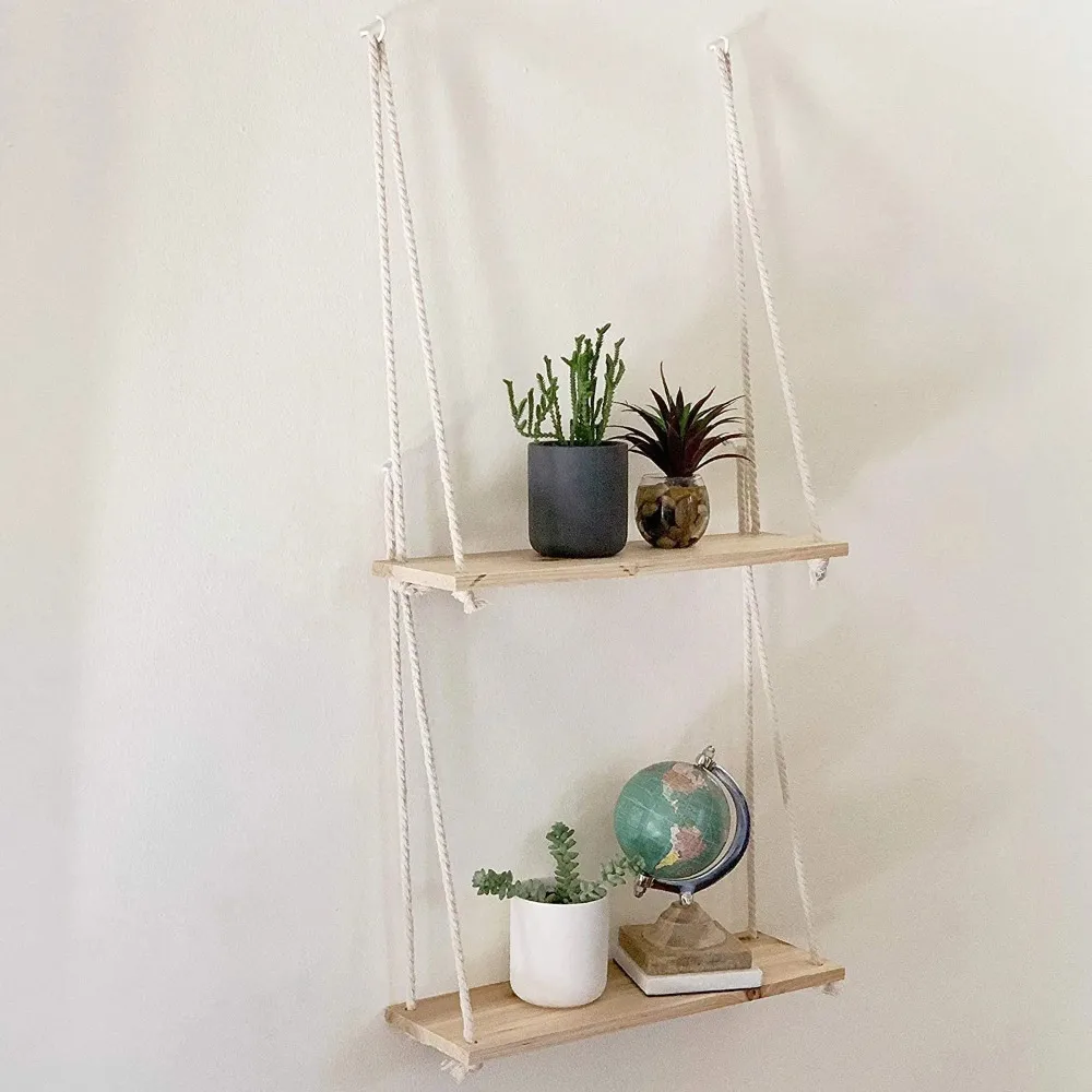 Wooden Wall Shelves Rope Swing Wall Hanging Plant Flower Pot Tray Mounted Floating Nordic Home Decoration Modern Simple Design