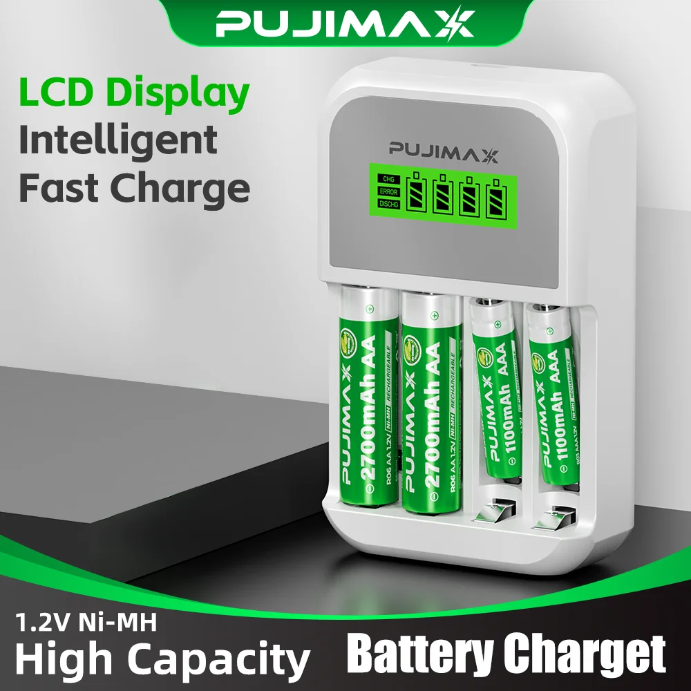 PUJIMAX 4 슬롯 LCD 디스플레이 AA/AAA NiCd NiMh 충전식 배터리 용 지능형 배터리 충전기 케이블로 고속 충전