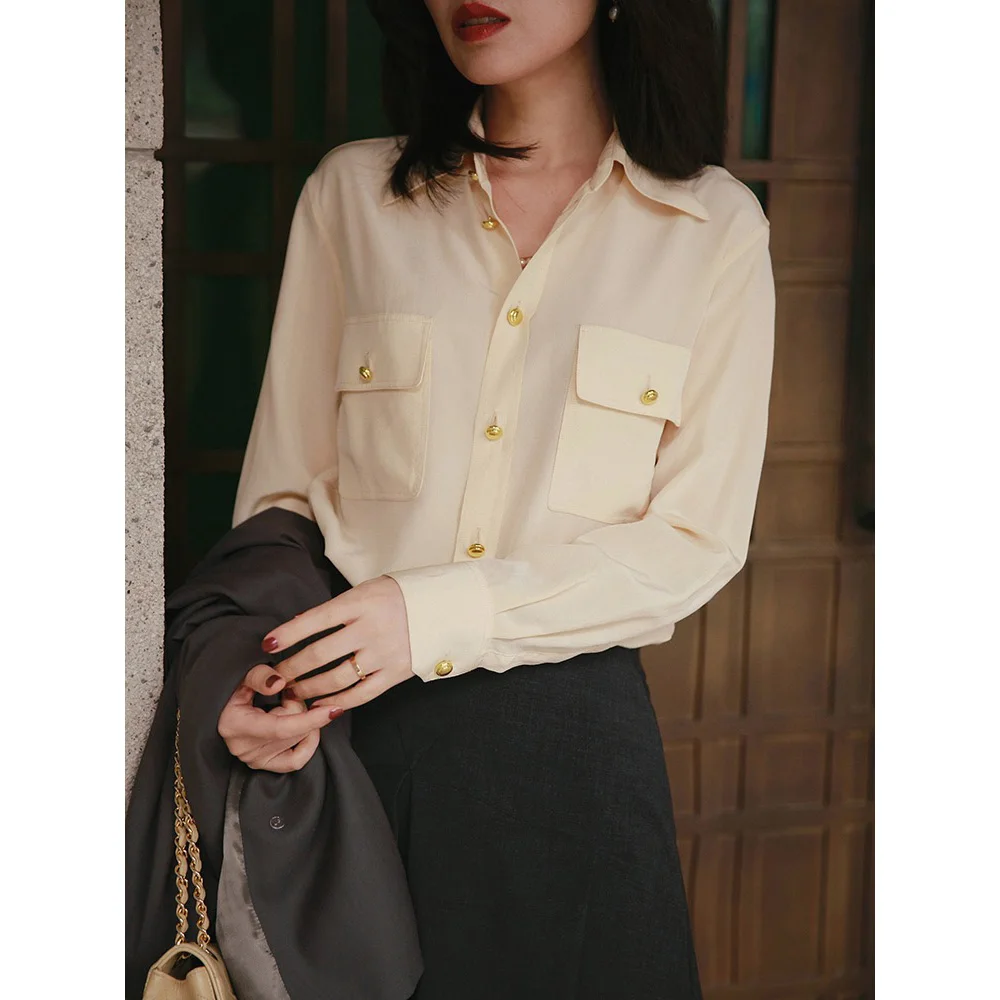 

2024 New light luxury niche exquisite simplicity champagne colour gold button commuter silk shirt blouse female