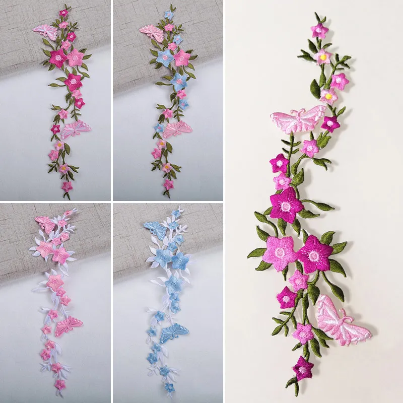 1PC DIY Long Floral Flower White Blue Applique Clothing Embroidery Patch Fabric Sticker Iron on Patches Craft Sewing Repair