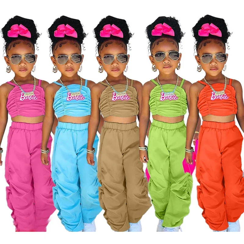 

2-7Y European American Barbie Kids Clothes Pleated Ins Style Girls Camisole Suit Casual Loose Trousers Set Lantern Sleeve Dress