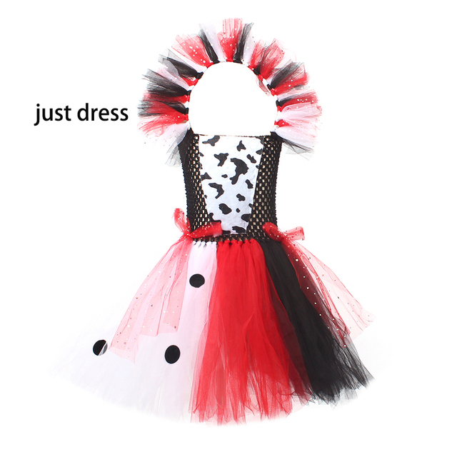 Cruella Inspired Tutu Dress for Grils Evil Villain Halloween Costume Dalmatians Dog Black White Kids Fancy Cosplay Dress