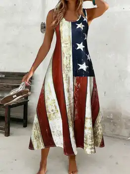 Women's Casual Long Tank Dress With American Flag Print- Round Neck Summer Sundress, Casual Vacation Outfit 1