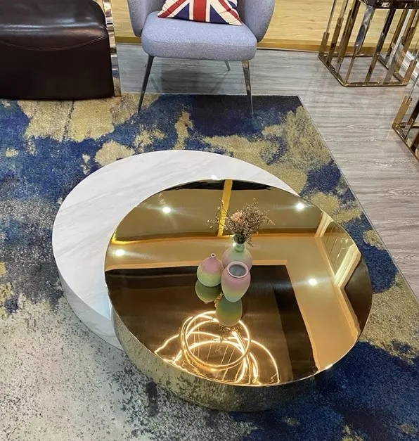 

Light luxury marble round coffee table post-modern Nordic minimalist stainless steel hollow size combination tea table