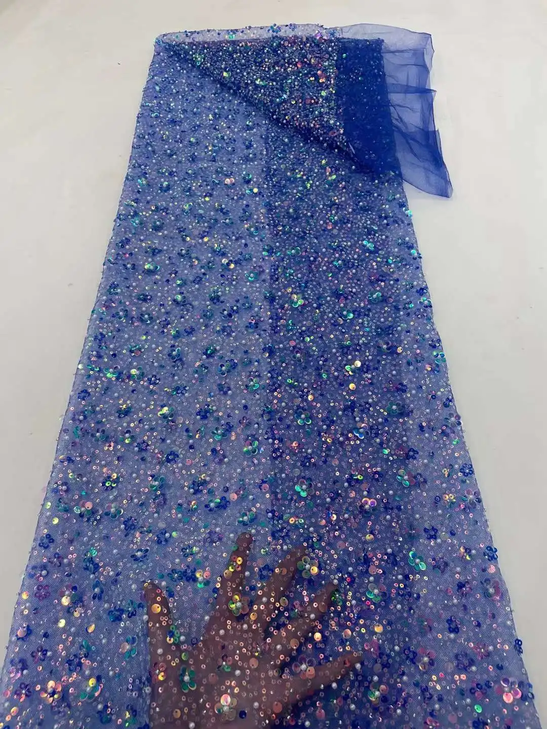 

Luxury Blue African Lace Fabric Heavy Bead Tulle Lace Embroidery 2023 High Quality New French Lace for Wedding Dress WS30R