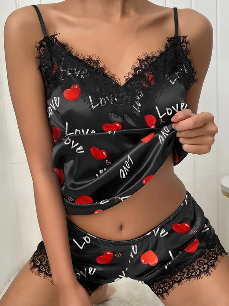 Women's Two Piece Lace Love Heart Lips Dot Kawaii Print V Neck Silk Fashion Comfortable Pajamas Elegant Homewear Set pajama sets
