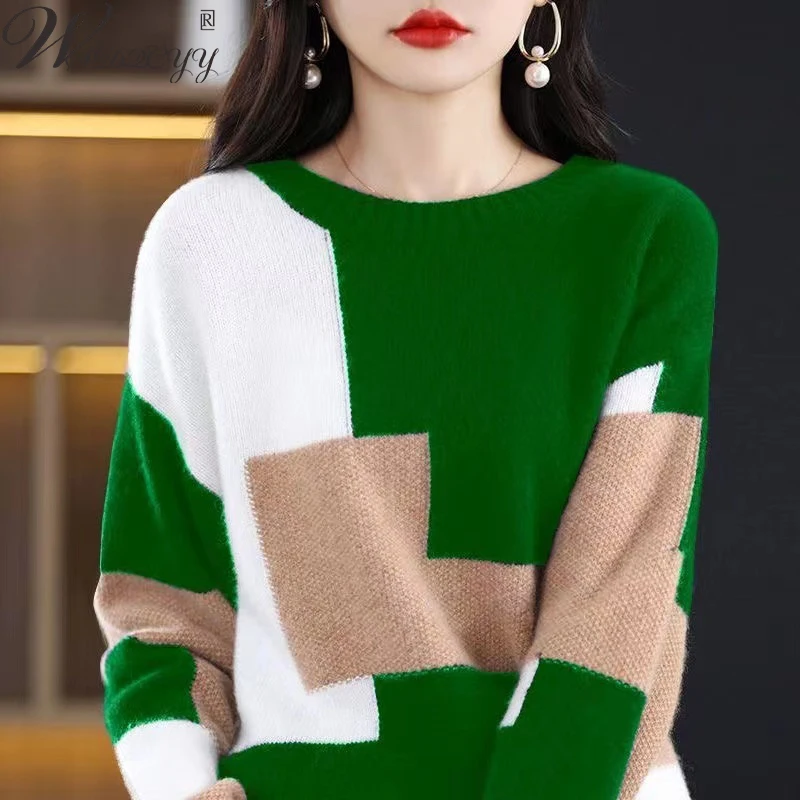 

Contrast Colors Knit Sweater Women Casual Round Neck Knitwear Pullover All-Match Warm Bottoming Big Size Sweater Fall Winter Top