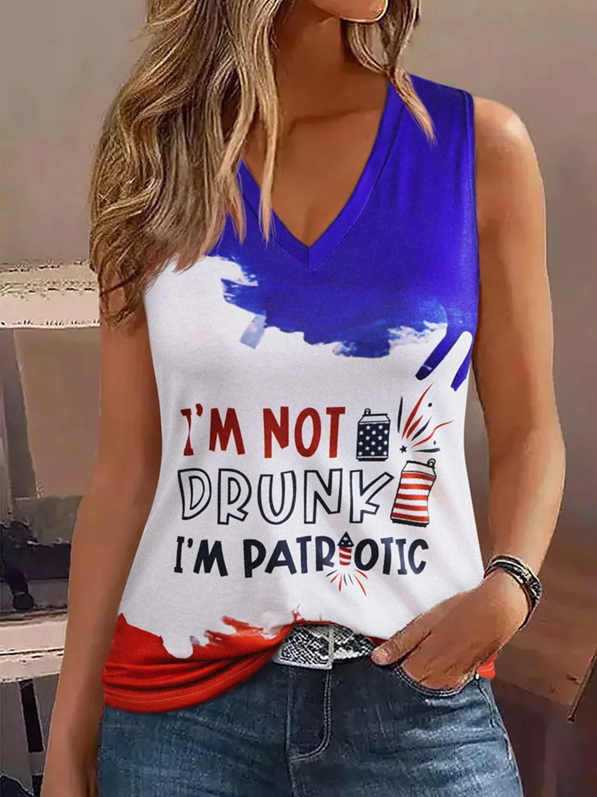 

Hot Selling High Quality 2023 Summer I'm Not Drunk I'm Patriotic V-Neck Tank Women Fashion Sleeveless Novel Printing Cozy Tops