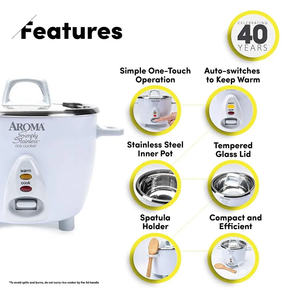 AROMA® 14-Cup Cooked / 3Qt. Select Stainless® Rice & Grain Cooker White New ARC-757-1SG 4