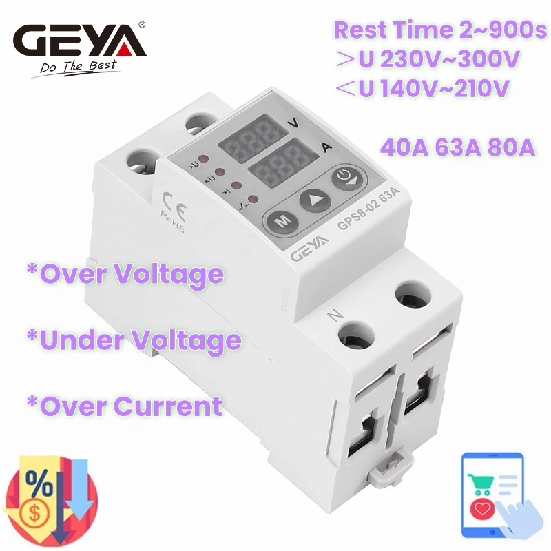 GEYA GPS8 Din Rail Dual Display Adjustable Over Voltage Current Under Voltage Protective Device Protector Relay 63A 220V 230V