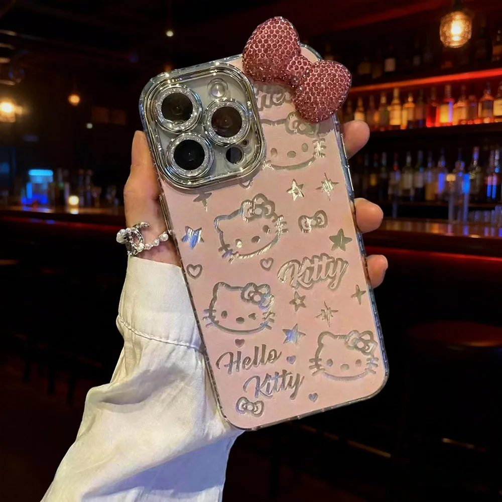 Rhinestone Imitation Feather Sanrio Hello Kitty Case for iPhone 17 16 13 12 11 15 Pro Max 15 14 Plus XS X 16E 17E Silicone Cover 6