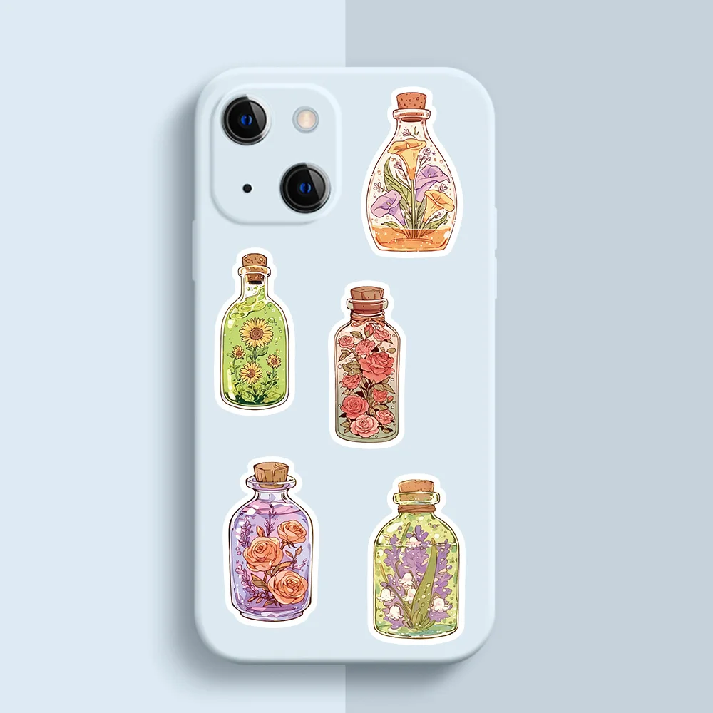 50 Stück ästhetische niedliche Cartoon-Glasflaschen-Blumen-Aufkleber für Gepäck, Gitarre, Laptop, Telefon, wasserdichte Graffiti-Vinyl-Aufkleber – Detail 4